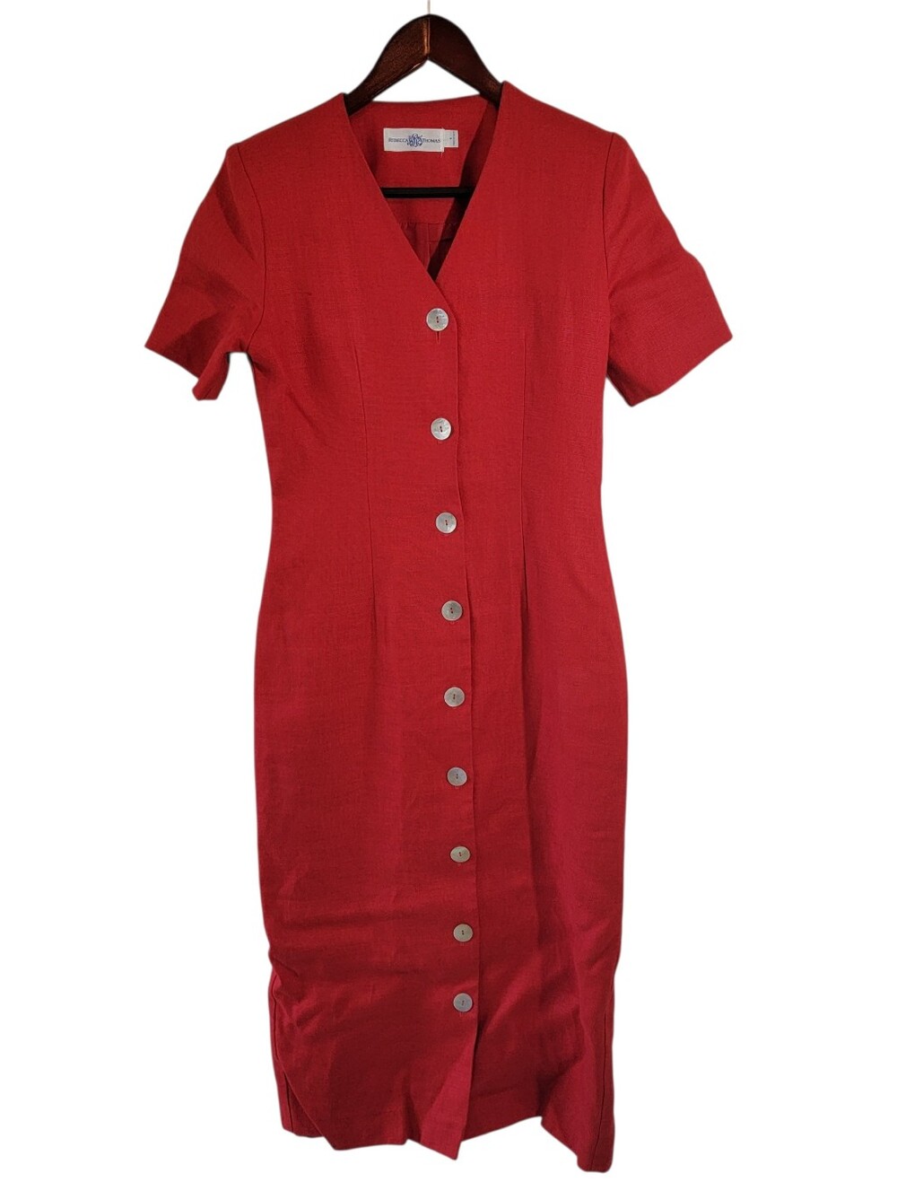 VTG Rebecca Thomas Red 100% Linen Midi Dress Sz 4 Button-Up Minimalist USA
